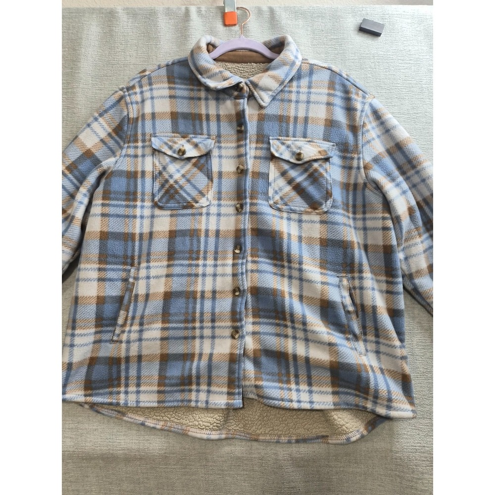 Sage Plush Shacket Womens Multicolor Plaid Sherpa Lined Logo Pockets Button Up